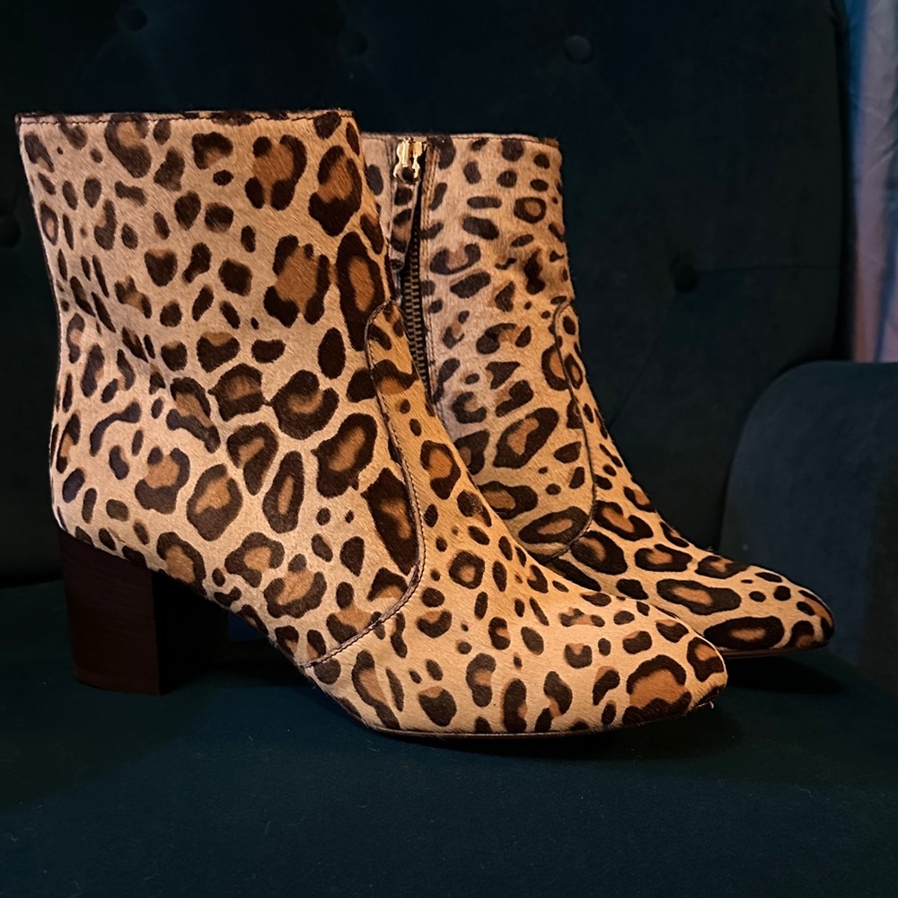 NIB J. Crew Haircalf Stacked Heel Boots Tan and Brown Leopard Ankle Boots